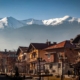 The view of old town Bansko and the snowy mountains