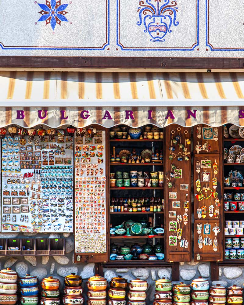 Bansko old town shop front with colourful pottery