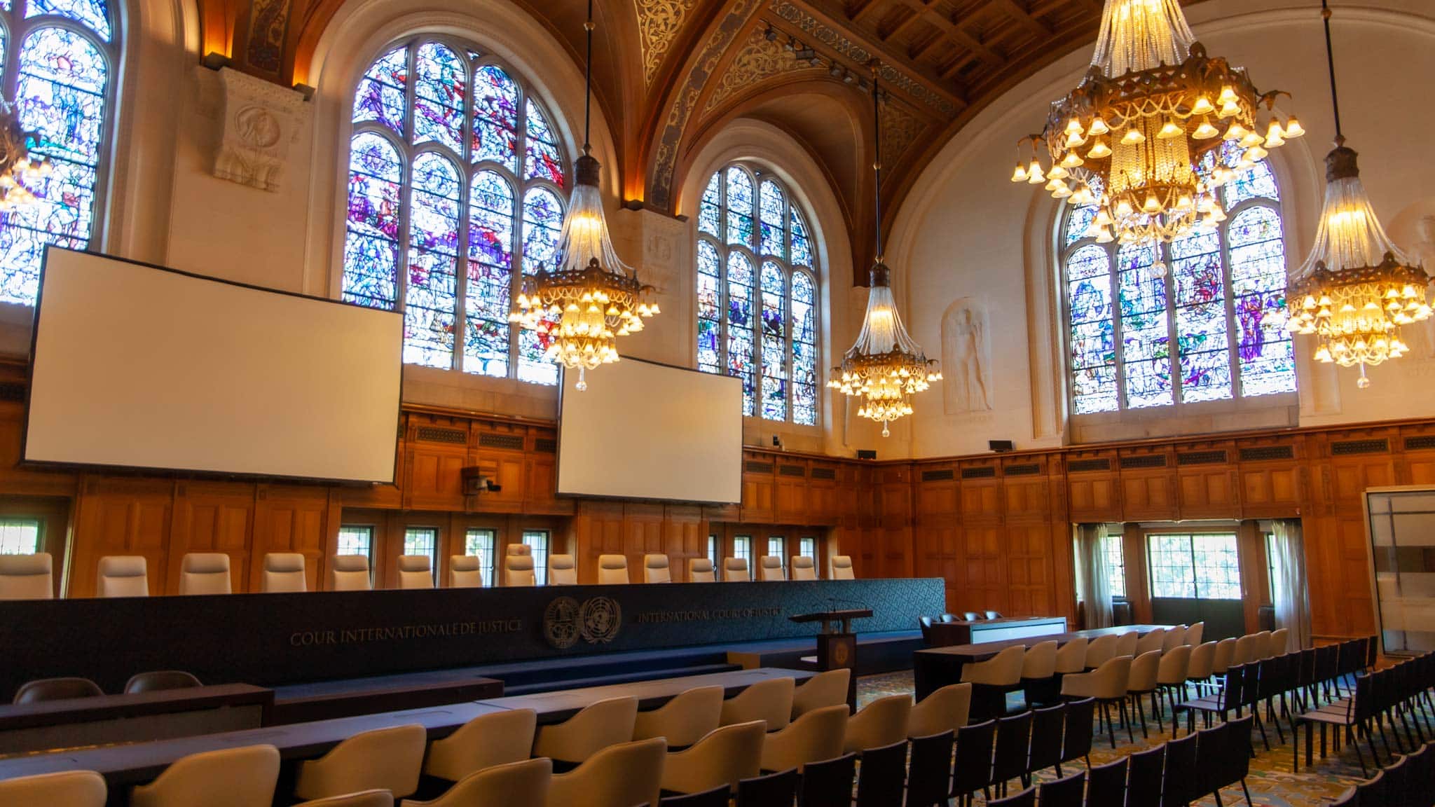 A courtroom inside the Peace Palace