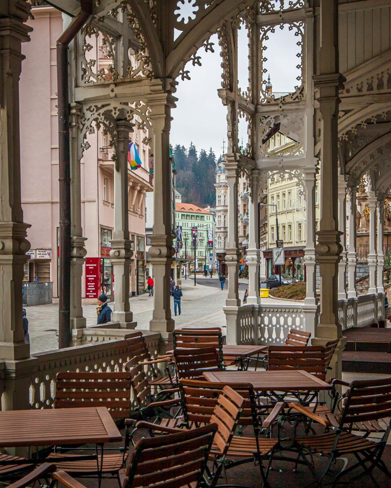 Wood work of a pavilion cafe in Karlovy Vary