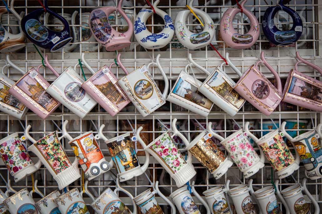 A rack of Spa Cups in Karlovy Vary