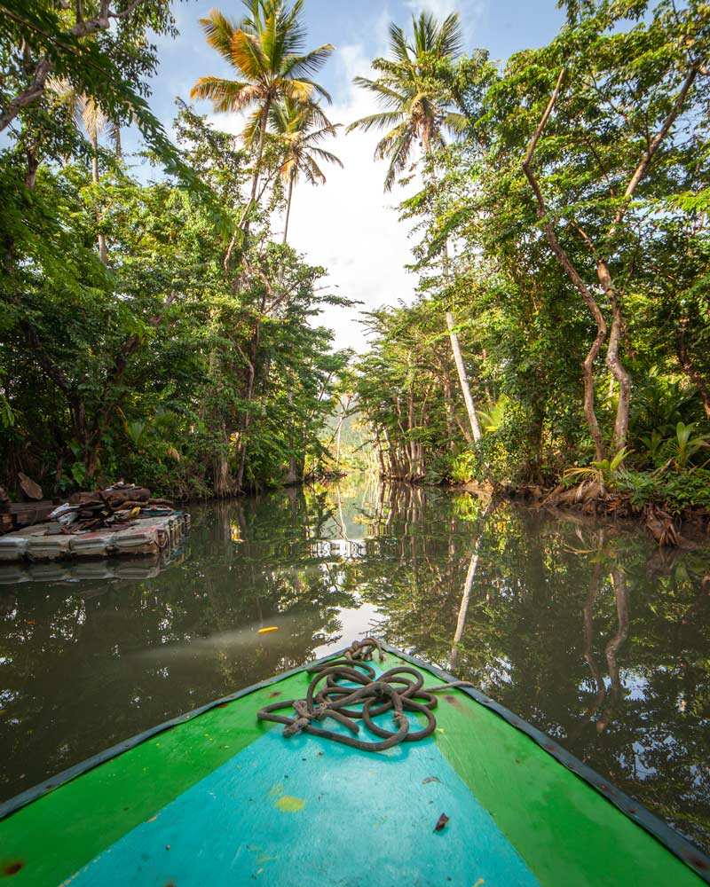 Reflections of the India River on a small boat in Dominica