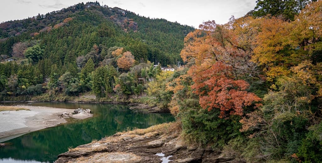 The river reflection views outside Mont Bell Outdoor Village in Motoyama