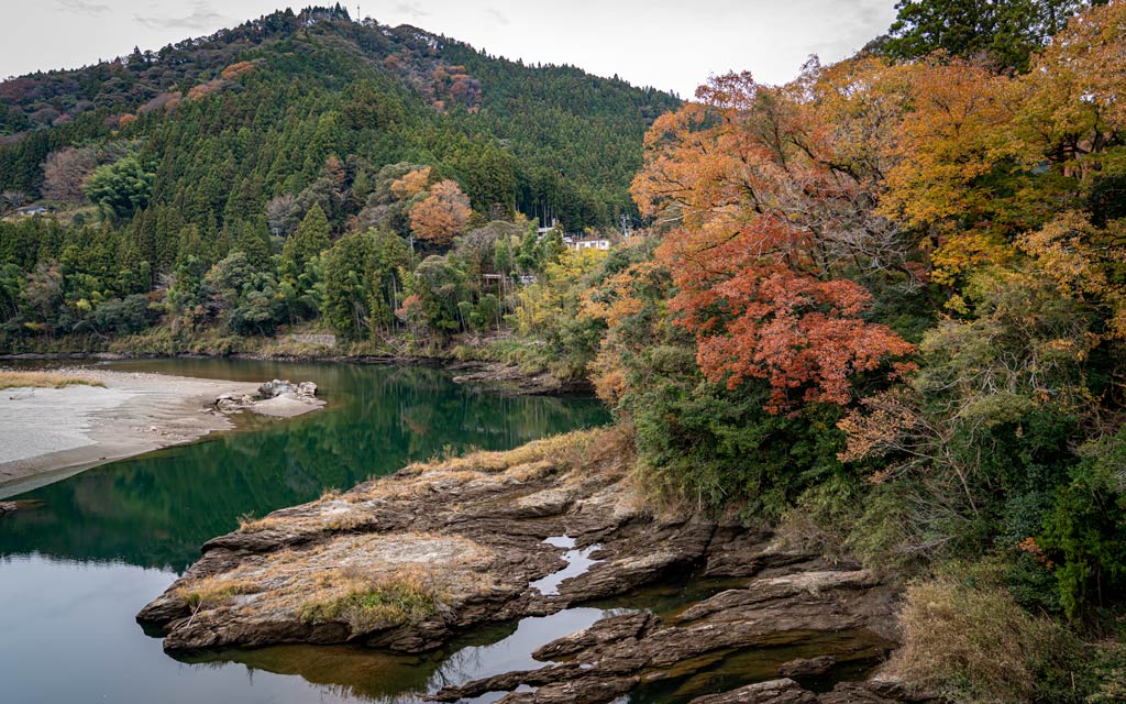 The river reflection views outside Mont Bell Outdoor Village in Motoyama