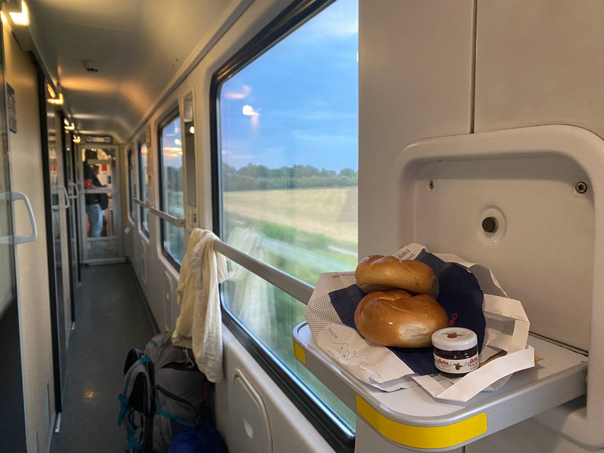 Enjoying breakfast on the overnight OBB Nightjet service from Venice to Vienna