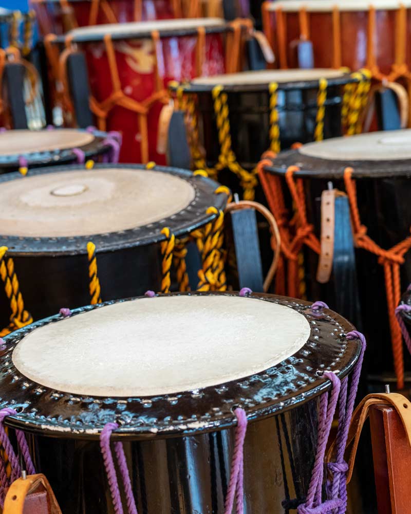 A row of taiko drums on Sado Island