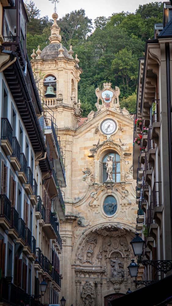 The view of the cathedral through narrow streets in the Basque Country