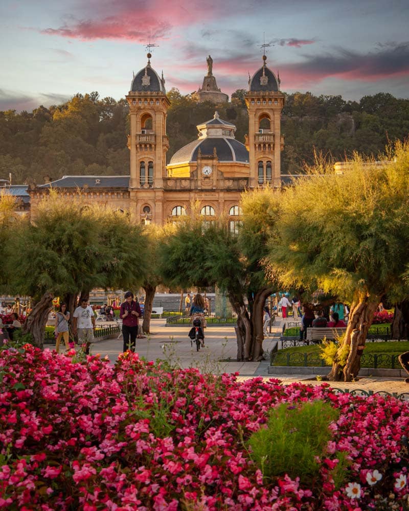 Sunset behind a grand building in San Sebastian with purple flowers in front