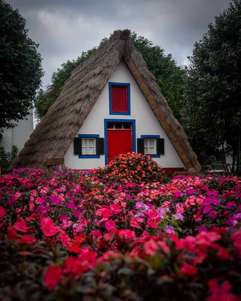 The traditional thatched houses of Santana, a pointed triangle shaped house with colourful blue and red windows and flowers outside