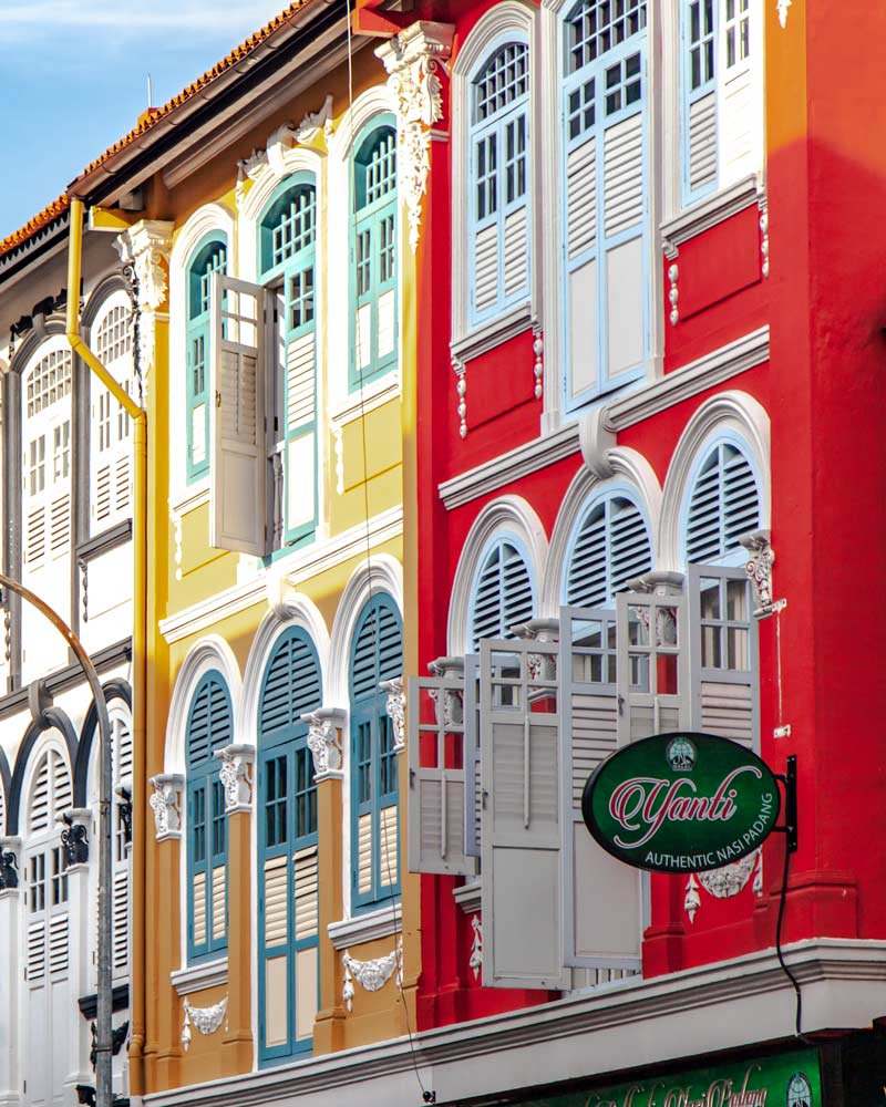 Colourful shutters and storefronts in Chinatown Singapore