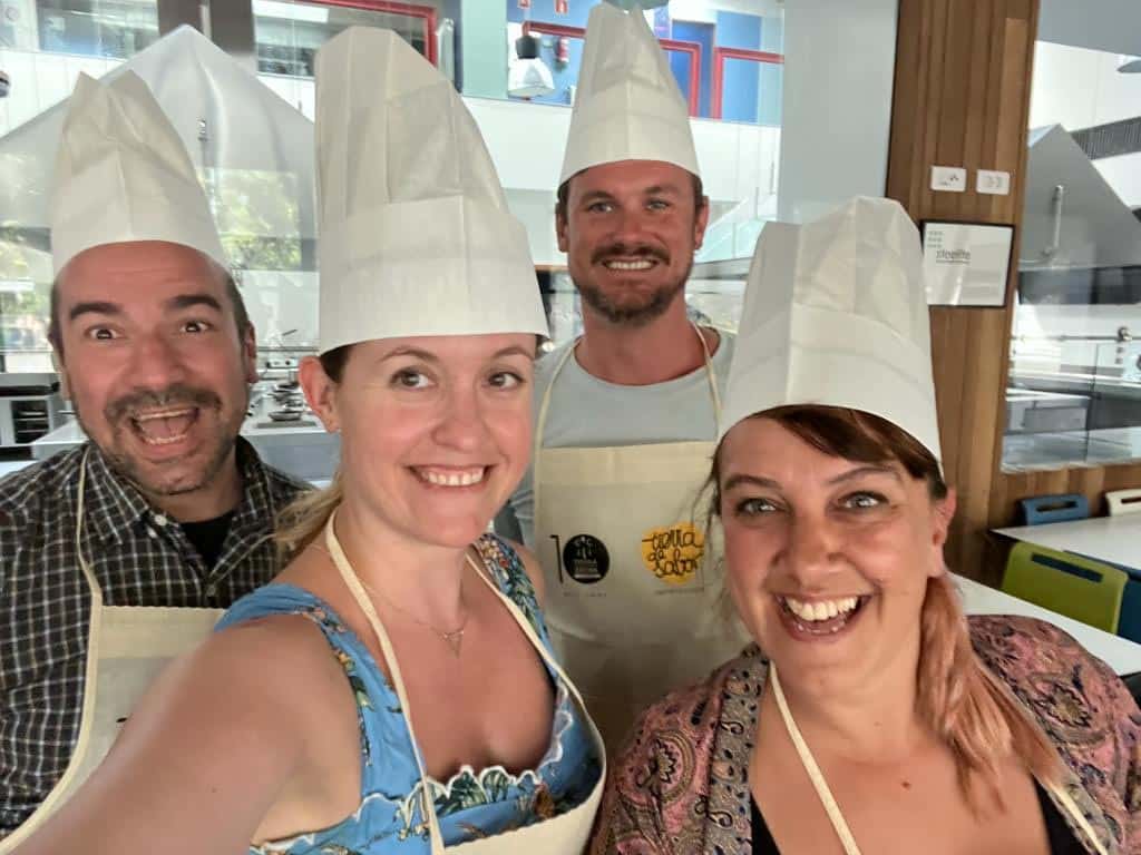 Dan and three other people at a cooking clas