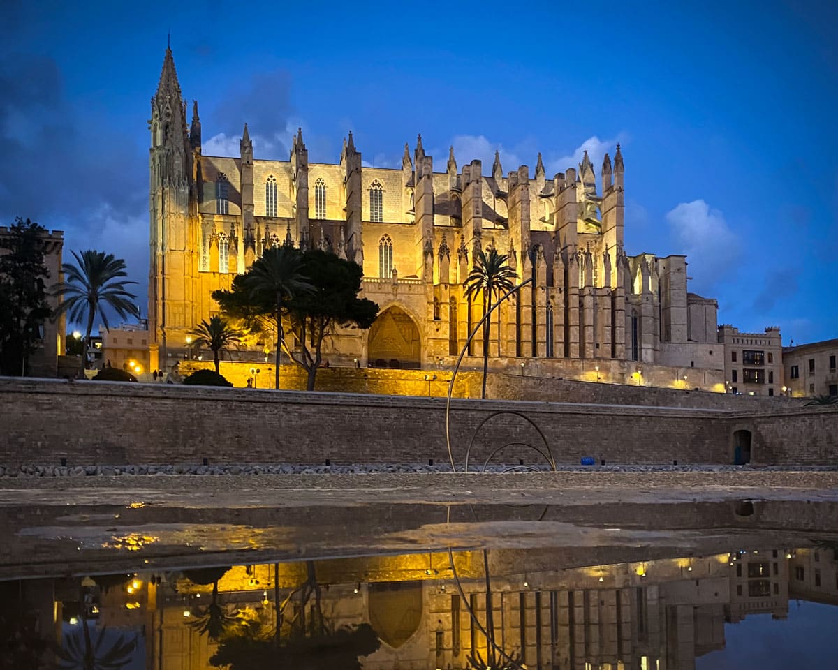 Palma Cathedral lit up at dusk